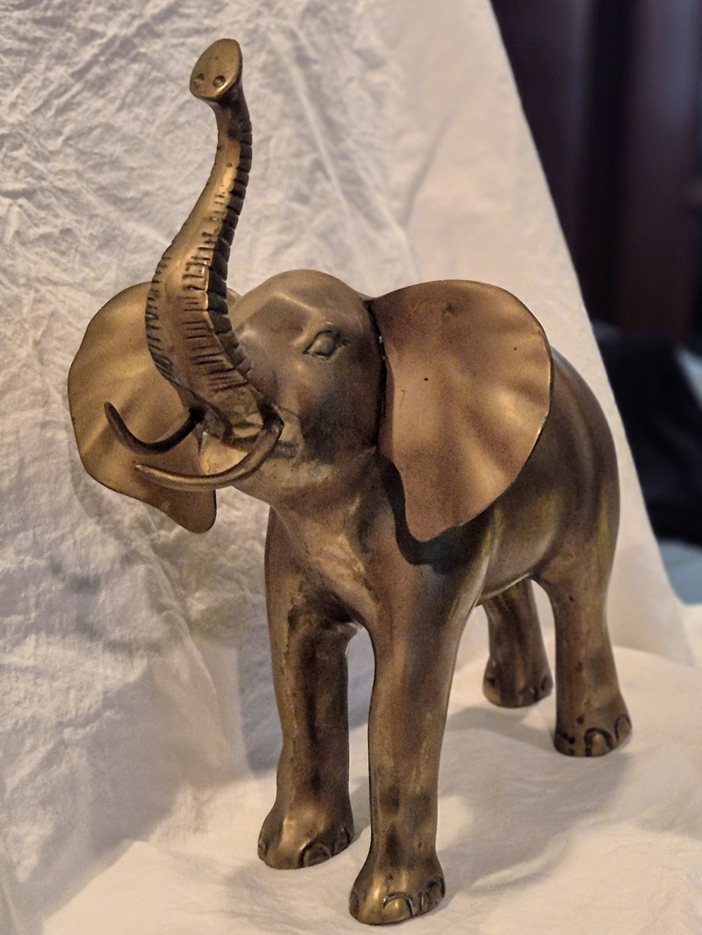 Large Vintage Brass Elephant Statue – Raised Trunk – Aged Patina – 14'' Long